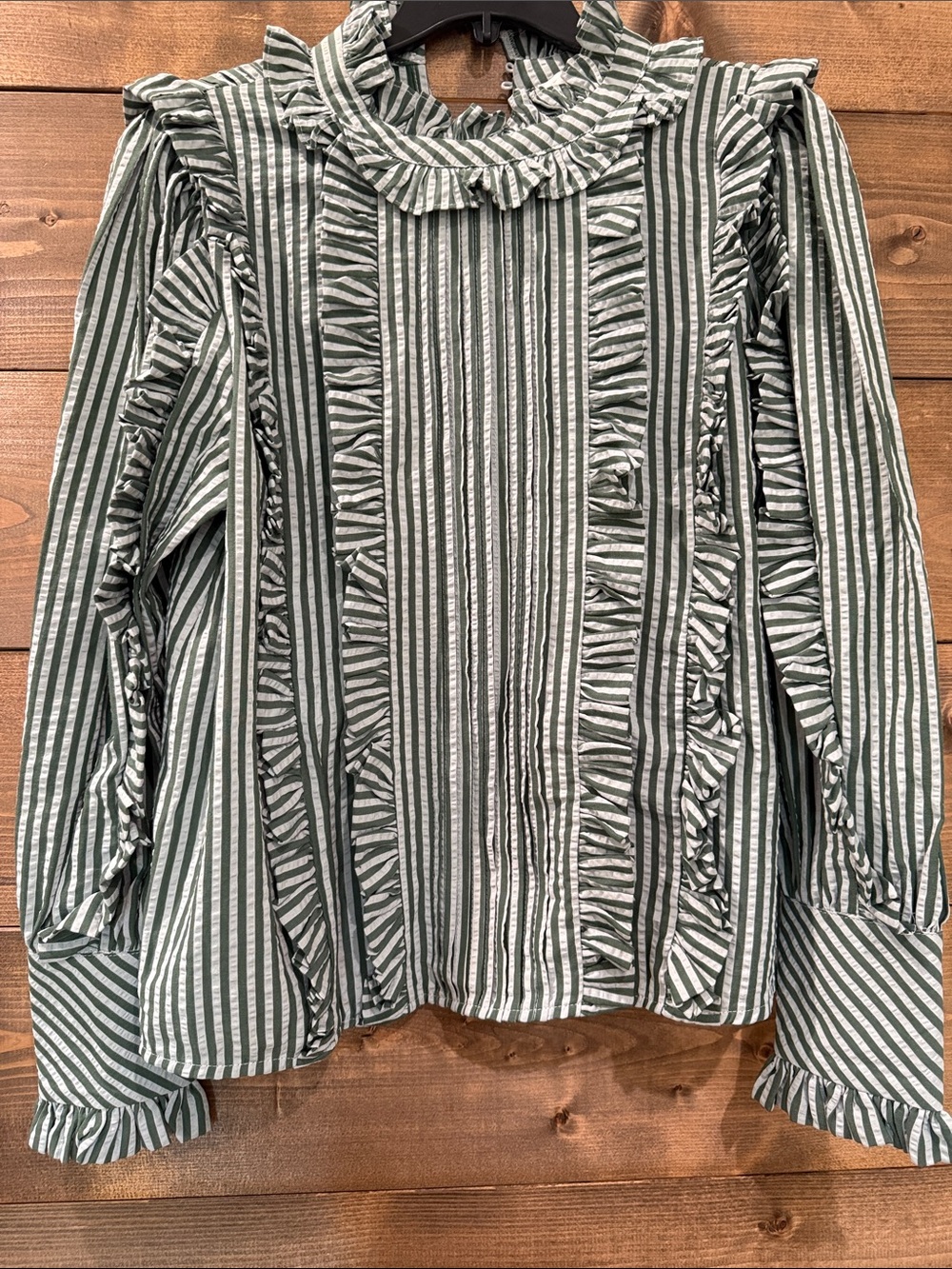 Karlie Green and White Striped Ruffle Blouse
